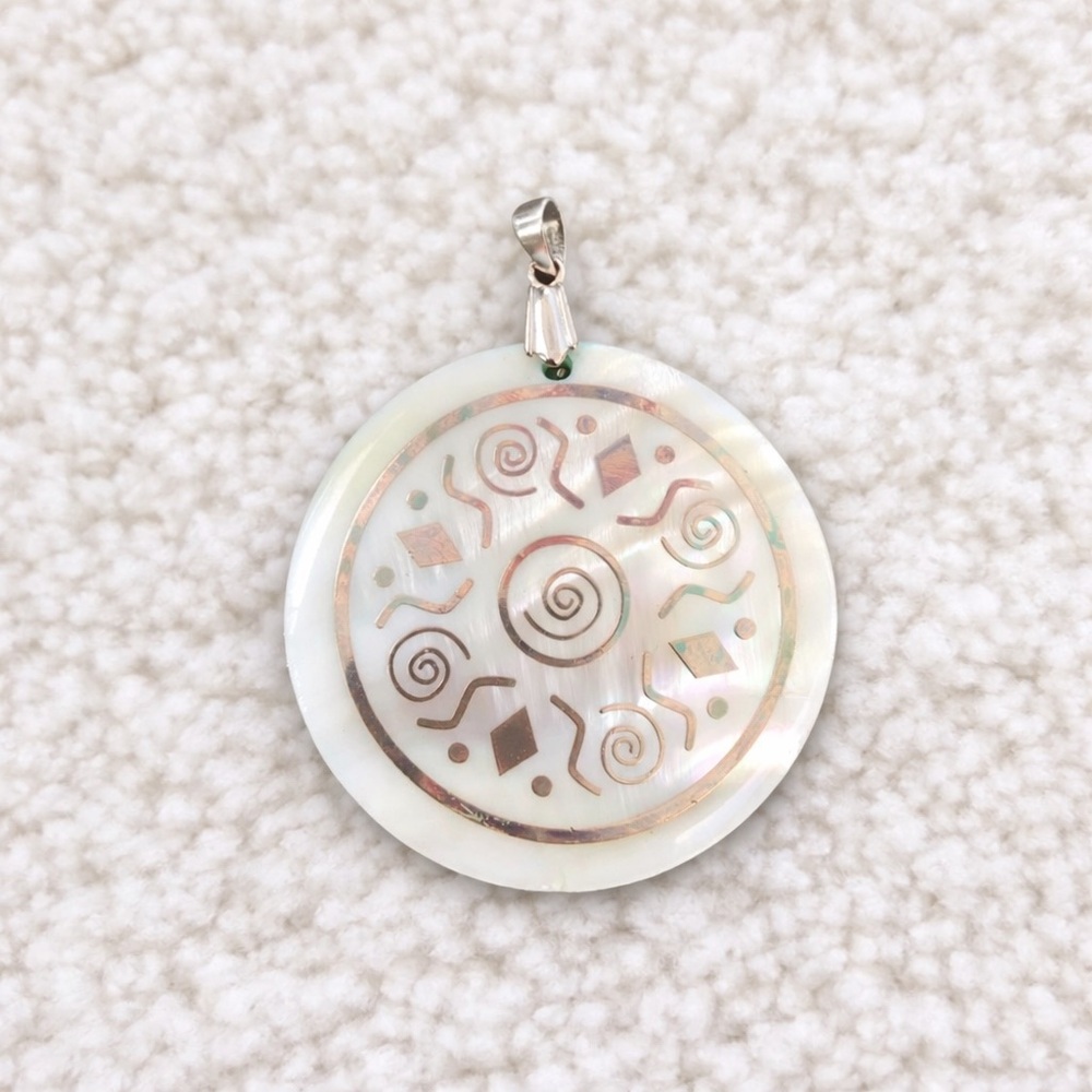 18K White Gold Mother of Pearl Pendant Vintage Artisan Shell Disc Rare